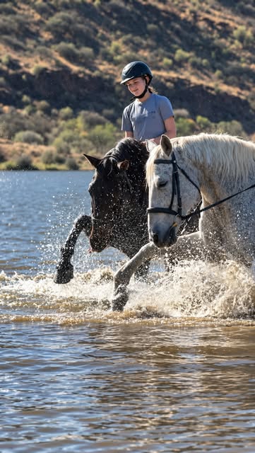 A rider with two horses splashing through water